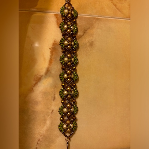 Hand crafted bracelet beige gold pearls tourmalines olive bronze beads gift box - Picture 9 of 10